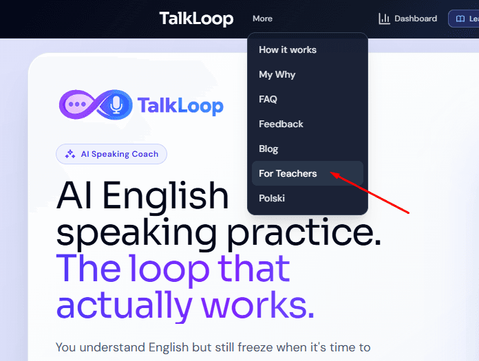 Menu głównej aplikacji TalkLoop z zaznaczoną sekcją For Teachers